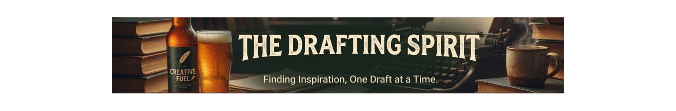 The Drafting Spirit — a writer's desk with books, a typewriter, coffee, and a Creative Fuel beer